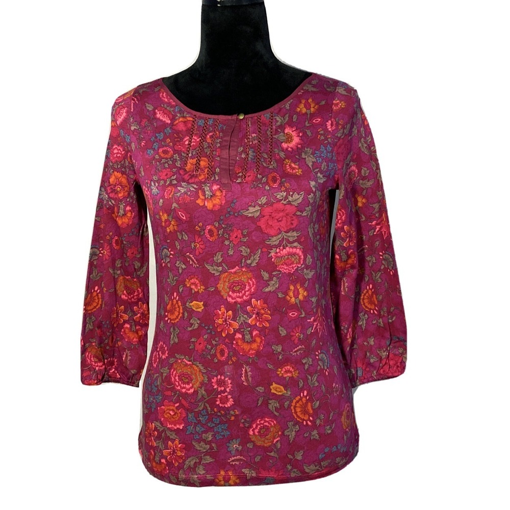 NWT Ralph Lauren Top XS Pink Burgundy Multi Color Floral Peasant Sl Keyhole
